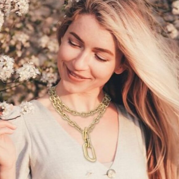 18K Gold Plated Layered Chunky Paperclip Toggle Link Necklace Set NWT - Picture 2 of 10